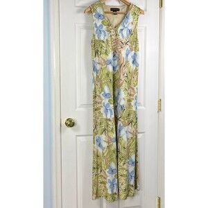 Statements Bon Ton Linen Blend Midi Dress Floral Print Tan Blue Green Size 16